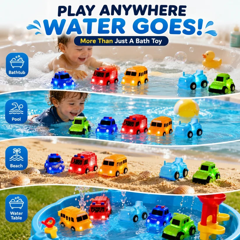 🚗 6PCS Water-Activated Light-Up Bath Toy Cars – Traffic & Construction Vehicles for Kids