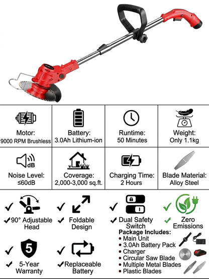 Lightweight Cordless Grass Trimmer – Quiet 9000 RPM Lawn Care Tool